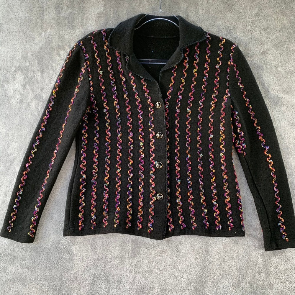 Vintage Gallery Cardigan Wool Blend Raised Color Stripe Embroidered Statement M